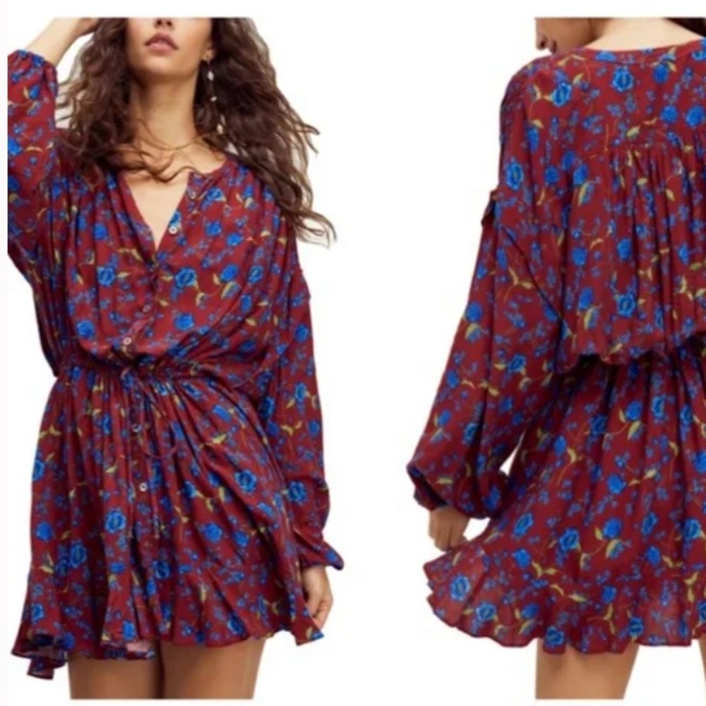 NWOT Free People Flower Fields Long Sleeve Minidress Burgundy Combo Size: L